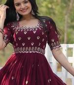 Wine floral embroidered georgette gown for women | elegant party & festive wear