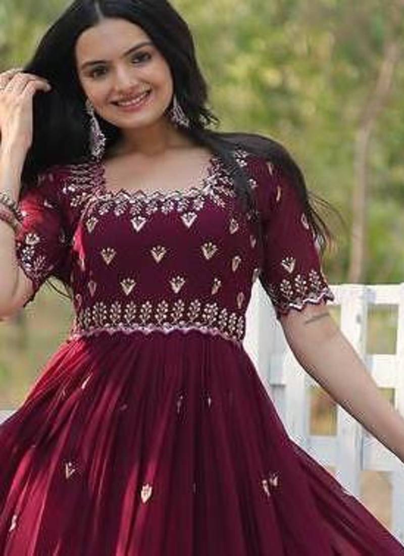 Wine floral embroidered georgette gown for women | elegant party & festive wear