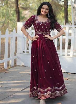 Wine floral embroidered georgette gown for women 3