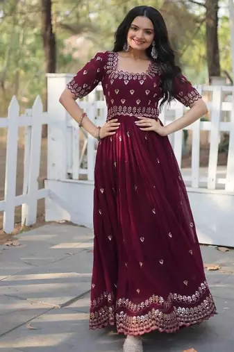 Wine floral embroidered georgette gown for women | elegant party & festive wear