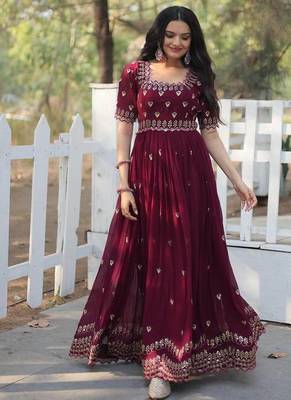 Wine floral embroidered georgette gown for women 1