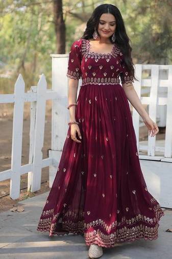 Wine floral embroidered georgette gown for women