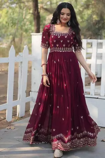 Wine floral embroidered georgette gown for women | elegant party & festive wear