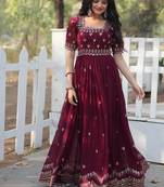 Wine floral embroidered georgette gown for women