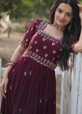 Wine floral embroidered georgette gown for women 4