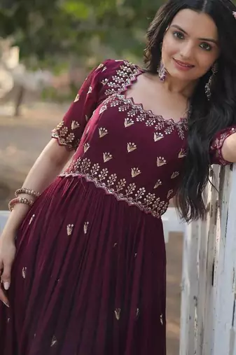 Wine floral embroidered georgette gown for women | elegant party & festive wear