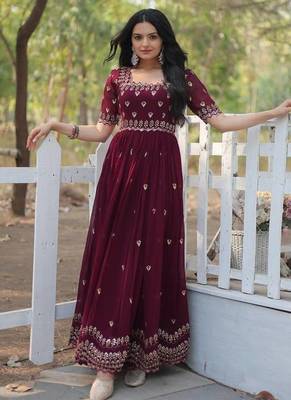 Wine floral embroidered georgette gown for women 5