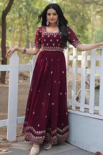 Wine floral embroidered georgette gown for women | elegant party & festive wear