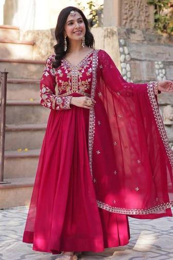Red embroidered georgette free size stitched gown for women | party & festive wear