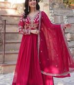 Red embroidered georgette free size stitched gown for women | party & festive wear