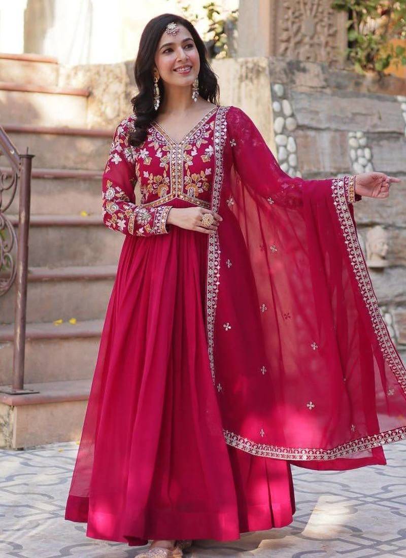 Red embroidered georgette free size stitched gown for women | party & festive wear