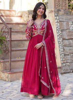 Red embroidered georgette gown 2