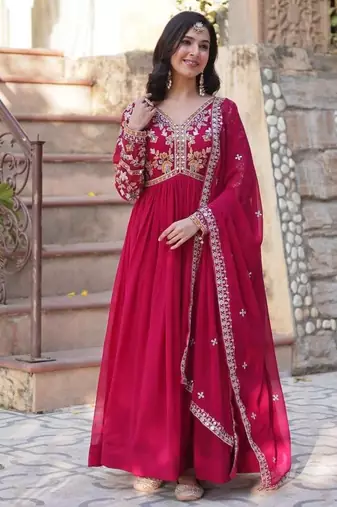 Red embroidered georgette free size stitched gown for women | party & festive wear