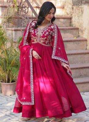 Red embroidered georgette gown 3