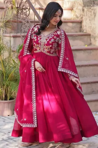 Red embroidered georgette free size stitched gown for women | party & festive wear