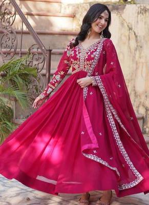 Red embroidered georgette gown 4