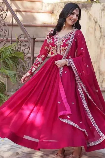 Red embroidered georgette free size stitched gown for women | party & festive wear