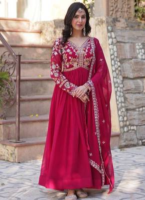 Red embroidered georgette gown 5