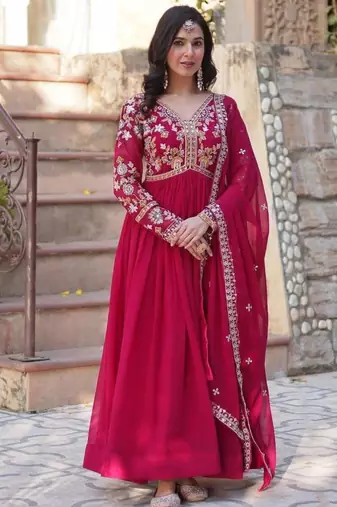 Red embroidered georgette free size stitched gown for women | party & festive wear