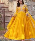 Yellow embroidered georgette free size stitched gown for women | party & festive wear
