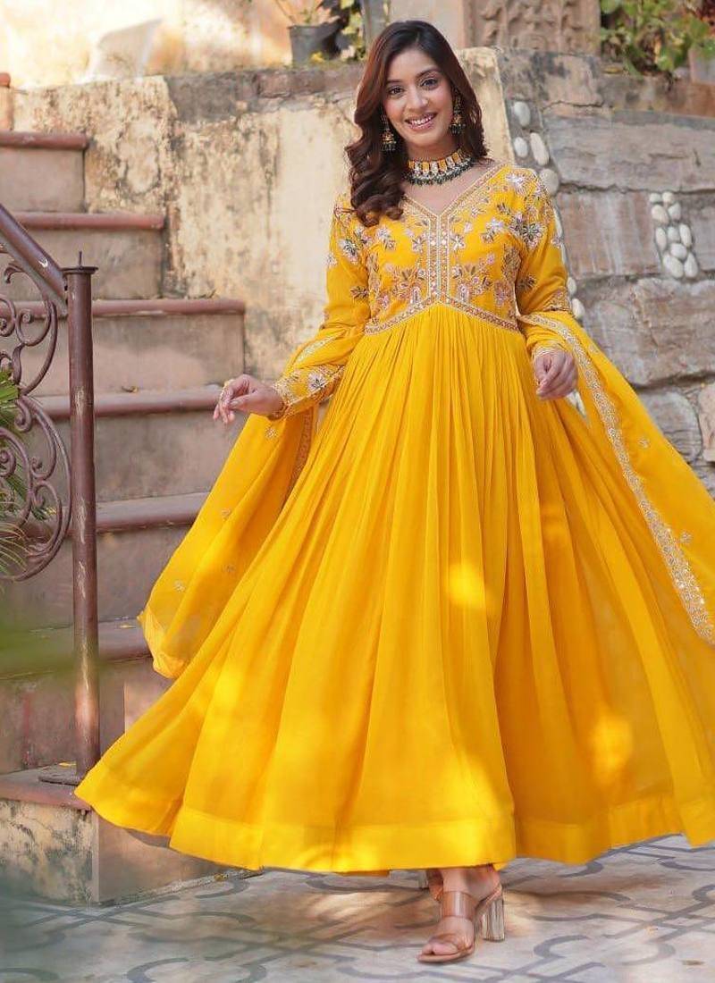 Yellow embroidered georgette free size stitched gown for women | party & festive wear