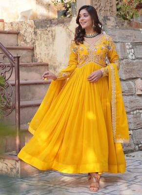 Yellow embroidered georgette gown 2
