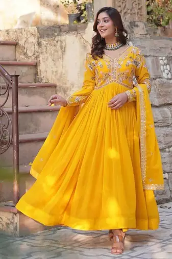 Yellow embroidered georgette free size stitched gown for women | party & festive wear