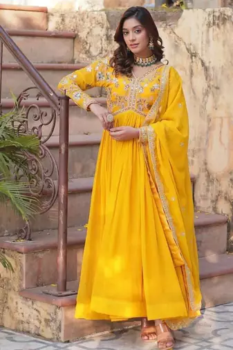 Yellow embroidered georgette free size stitched gown for women | party & festive wear