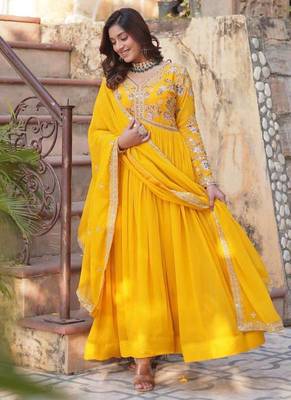 Yellow embroidered georgette gown 4