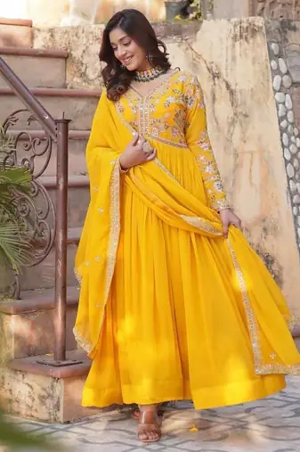 Yellow embroidered georgette free size stitched gown for women | party & festive wear