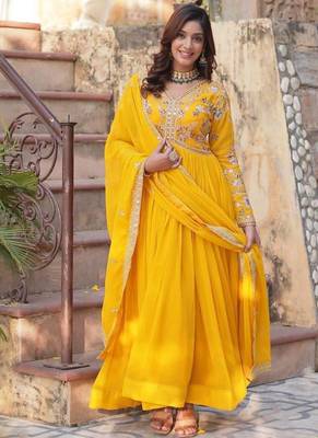Yellow embroidered georgette gown 5
