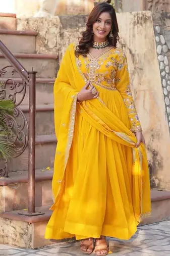 Yellow embroidered georgette free size stitched gown for women | party & festive wear
