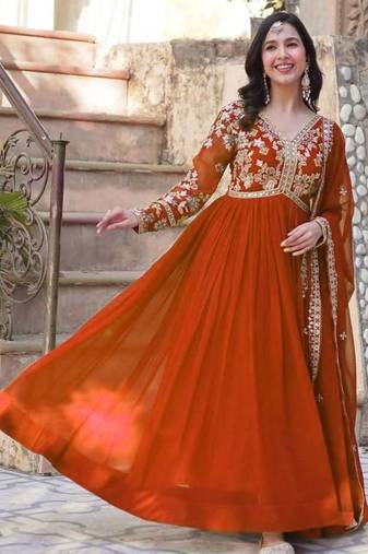 Orange embroidered georgette free size stitched gown for women | party & festive wear