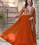 Orange embroidered georgette free size stitched gown for women | party & festive wear