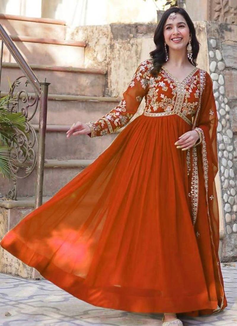 Orange embroidered georgette free size stitched gown for women | party & festive wear