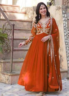 Orange embroidered georgette gown for women 2