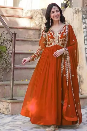 Orange embroidered georgette free size stitched gown for women | party & festive wear