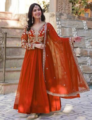 Orange embroidered georgette gown for women 3