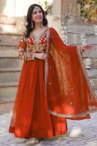 Orange embroidered georgette free size stitched gown for women | party & festive wear
