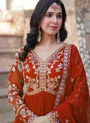 Orange embroidered georgette gown for women 4