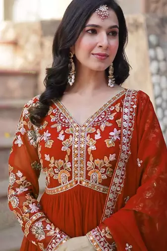 Orange embroidered georgette free size stitched gown for women | party & festive wear