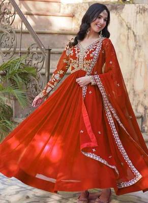 Orange embroidered georgette gown for women 5