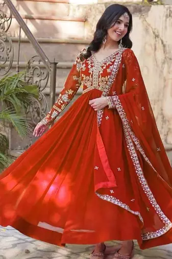 Orange embroidered georgette free size stitched gown for women | party & festive wear