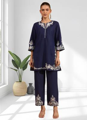 Women's cotton, linen navy blue embroidered short kurta with pant 1