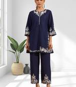 Women's cotton, linen navy blue embroidered short kurta with pant