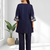 Women's cotton, linen navy blue embroidered short kurta with pant