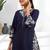 Women's cotton, linen navy blue embroidered short kurta with pant
