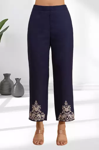 Women's cotton, linen navy blue embroidered short kurta with pant