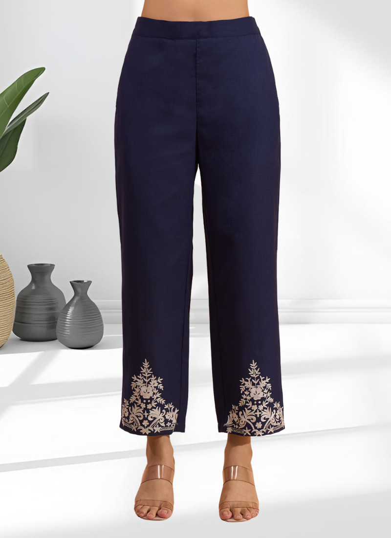 Women's cotton, linen navy blue embroidered short kurta with pant