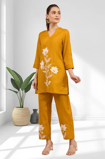 Women's cotton, linen mustard embroidered short kurta with pant